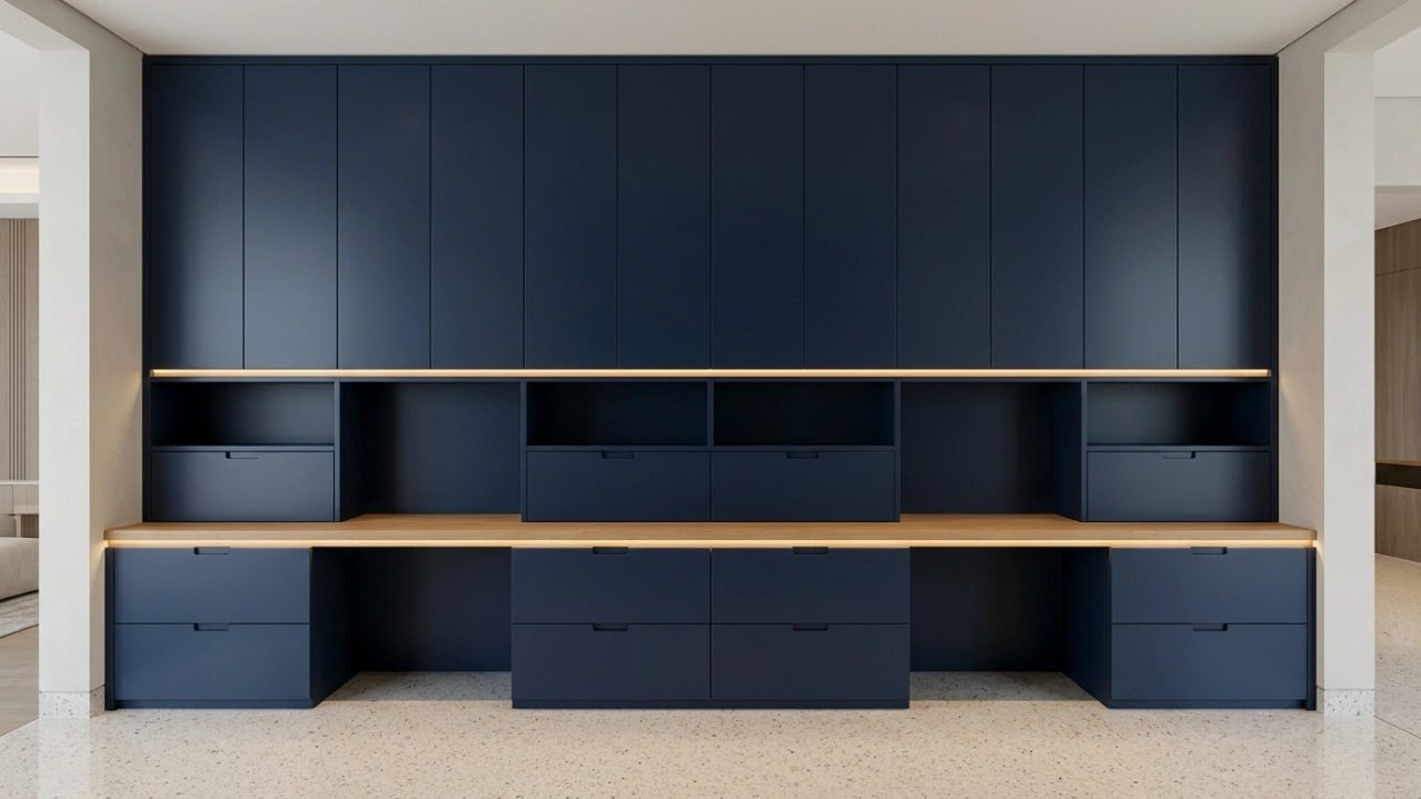 Floor-to-ceiling integrated storage wall with three distinct zones in navy lacquer and solid oak in a Dubai villa home office by Karnak Carpentry