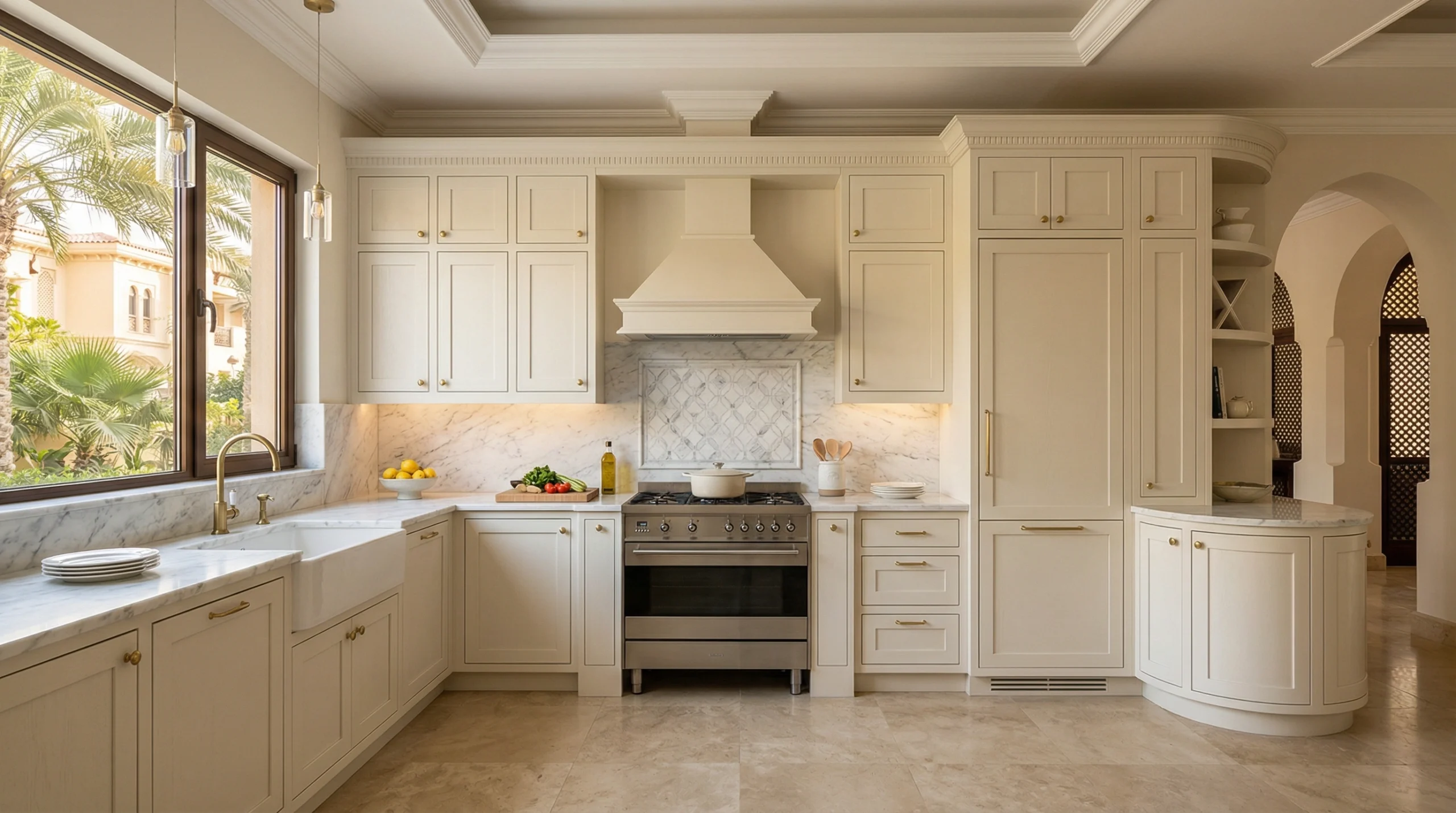 Cream shaker kitchen cabinets with full height storage in Jumeirah villa UAE