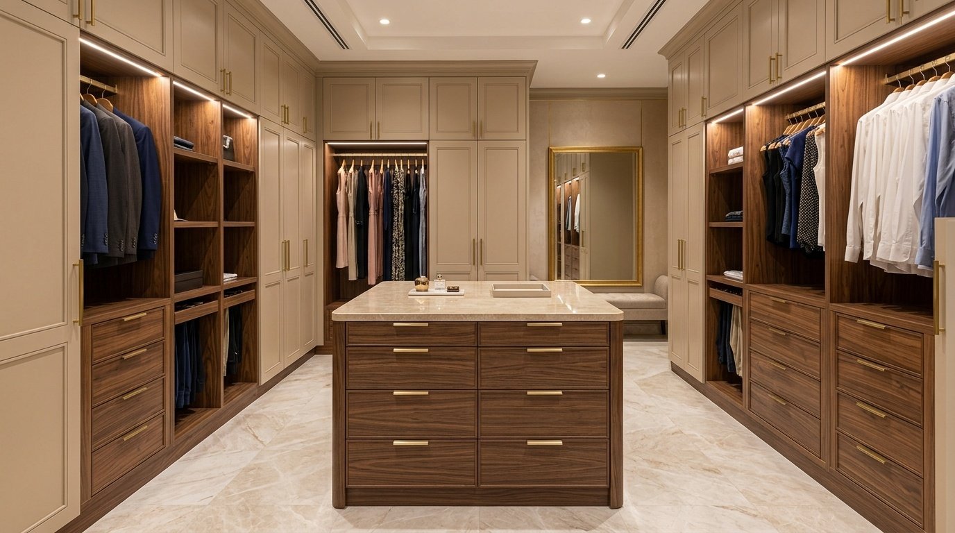 Jumeirah villa dressing room Dubai custom wardrobes carpentry UAE