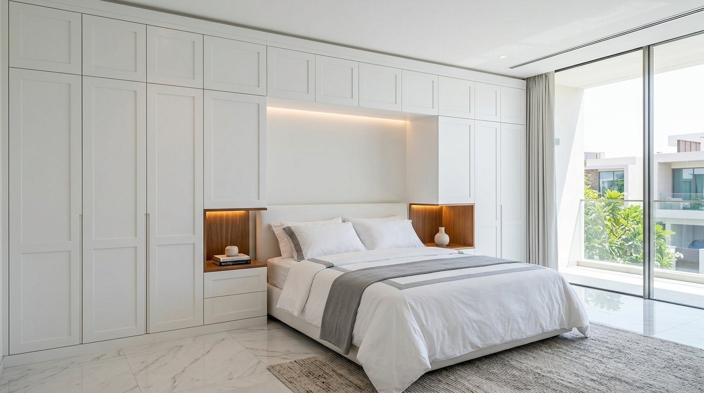 White lacquer fitted wardrobes with shaker panels in Jumeirah villa bedroom UAE