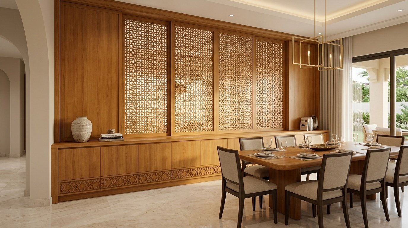 Arabian Ranches villa transitional dining room with mashrabiya geometric laser-cut wood screen feature wall and carved timber sideboard joinery