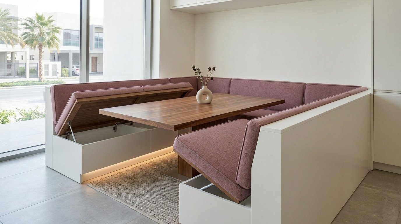 Custom built-in banquette seating with hydraulic lift storage compartments and wall-fixed timber dining table in Dubai townhouse