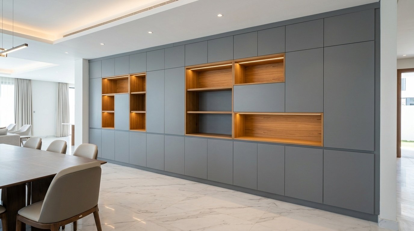 Built-in full-height dining storage and display wall unit with push-to-open cabinets and teak open shelving in UAE villa