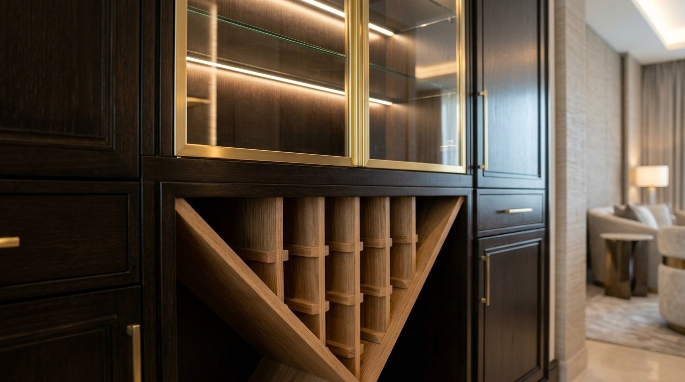 Built-in wine rack with angled oak bottle slots and backlit glass display cabinet integration in Dubai villa dining room joinery
