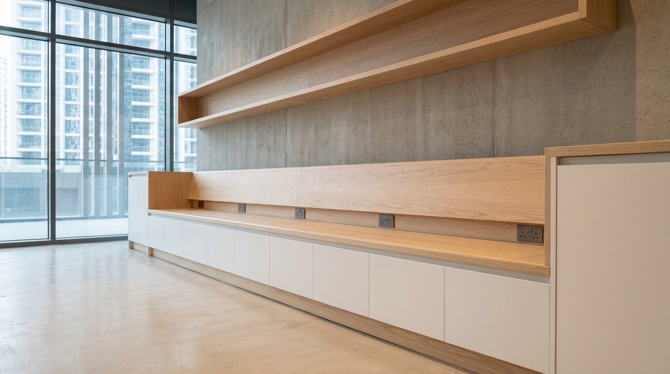 Custom café built-in high-bench seating with integrated power points and wall-mounted timber shelf in Business Bay Dubai