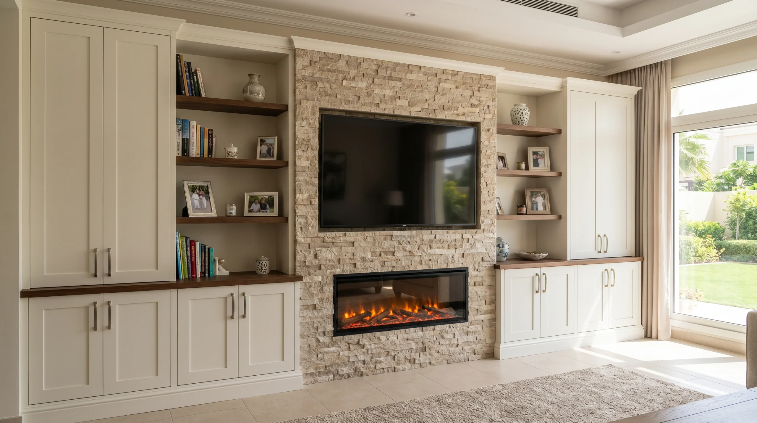 Shaker-style custom media center Mudon, fitted TV unit with fireplace joinery, Karnak Carpentry projects.