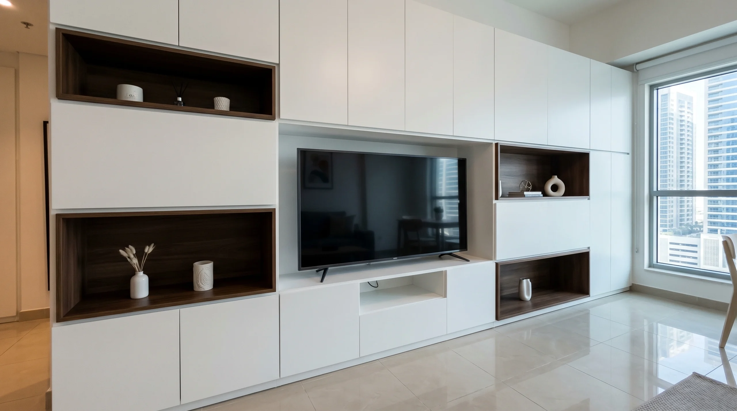 Space-saving custom TV unit Sports City studio, compact built-in media wall, modern joinery Dubai.