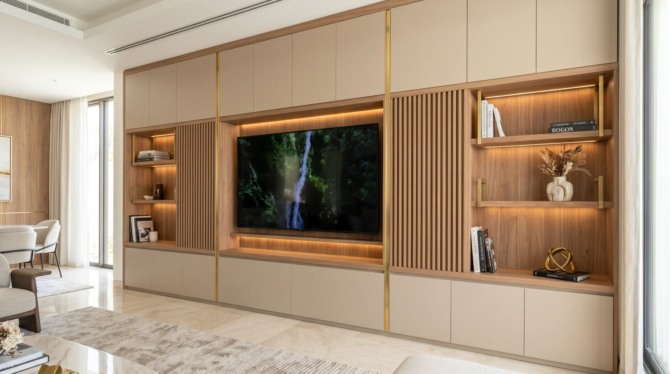 High-end custom media unit Arabian Ranches 3, walnut and beige built-in TV wall, luxury joinery Karnak.