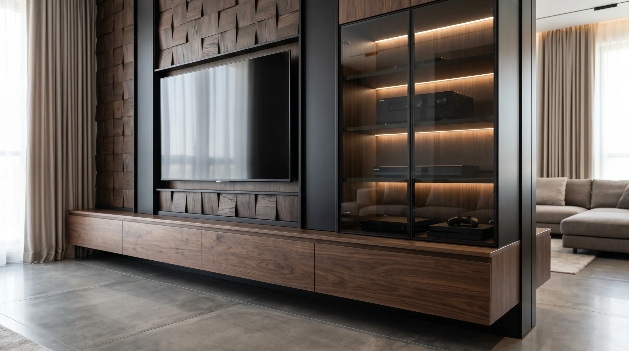 Textured media wall joinery Sharjah, modern TV unit with LED lighting, Karnak Carpentry custom work.