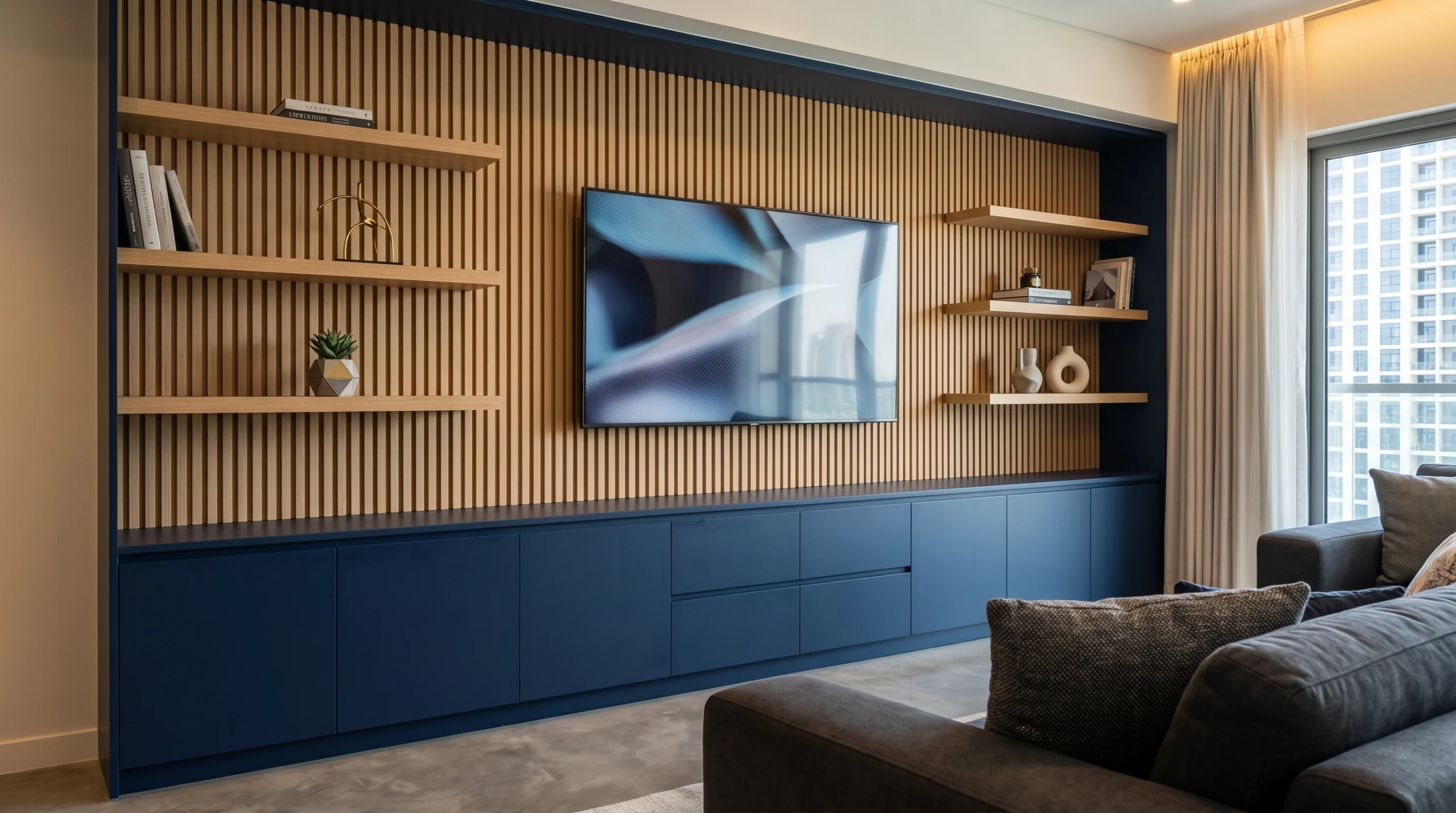 Navy blue and oak custom TV unit Ajman, modern fitted media wall, bespoke joinery Dubai and Northern Emirates.
