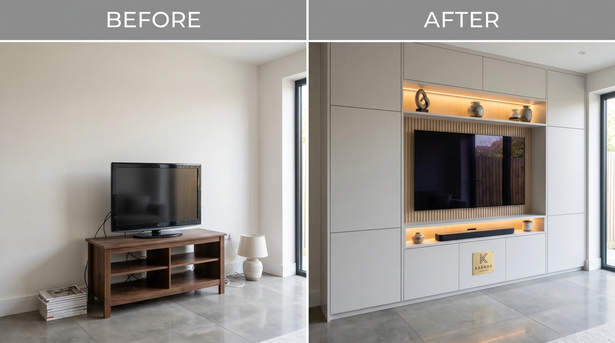 Before and after fitted media center Dubai, old stand to custom built-in joinery, Karnak Carpentry transformation.