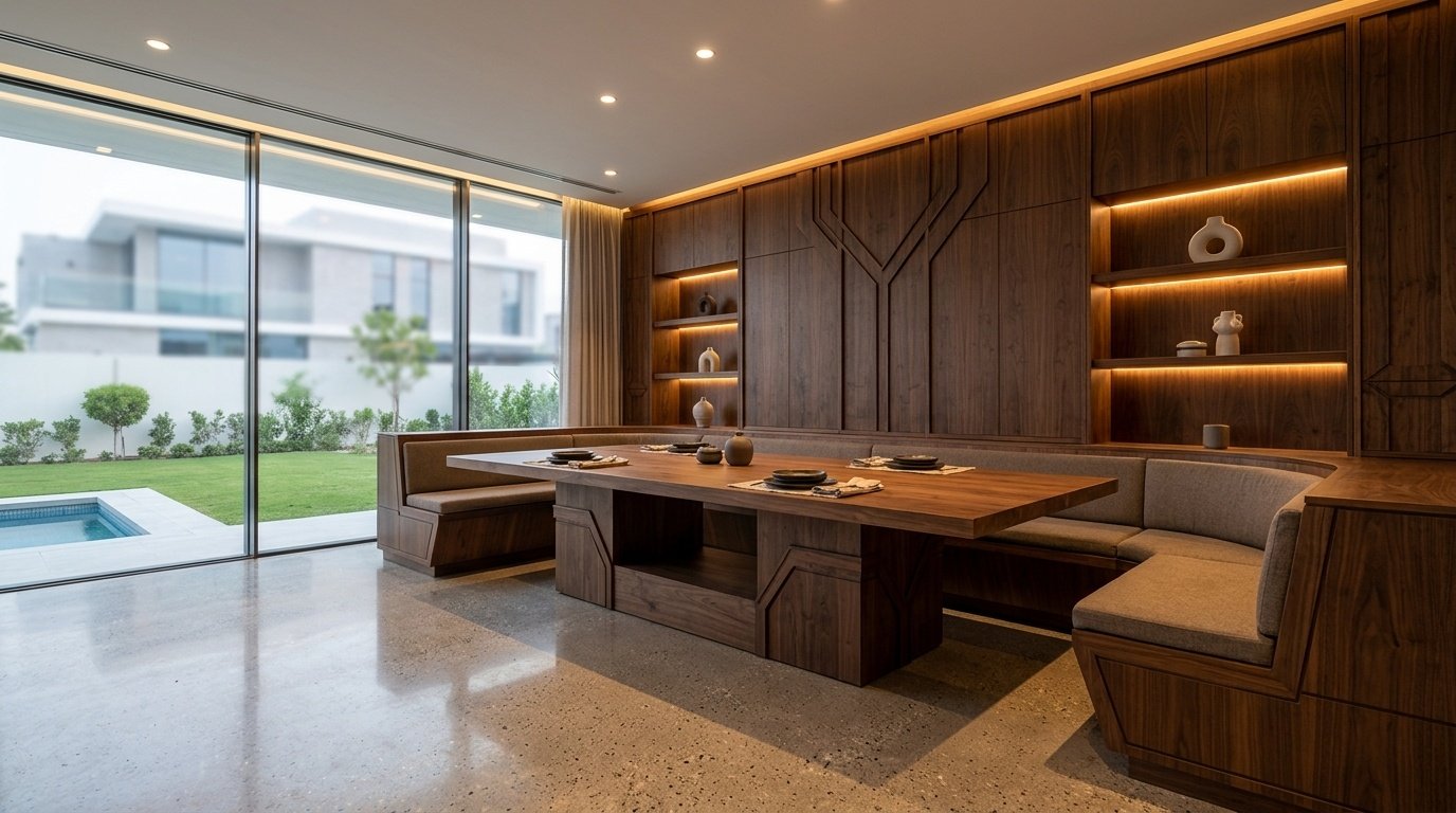 Custom built-in dining room carpentry with dark walnut wall paneling and integrated table base in Dubai luxury villa