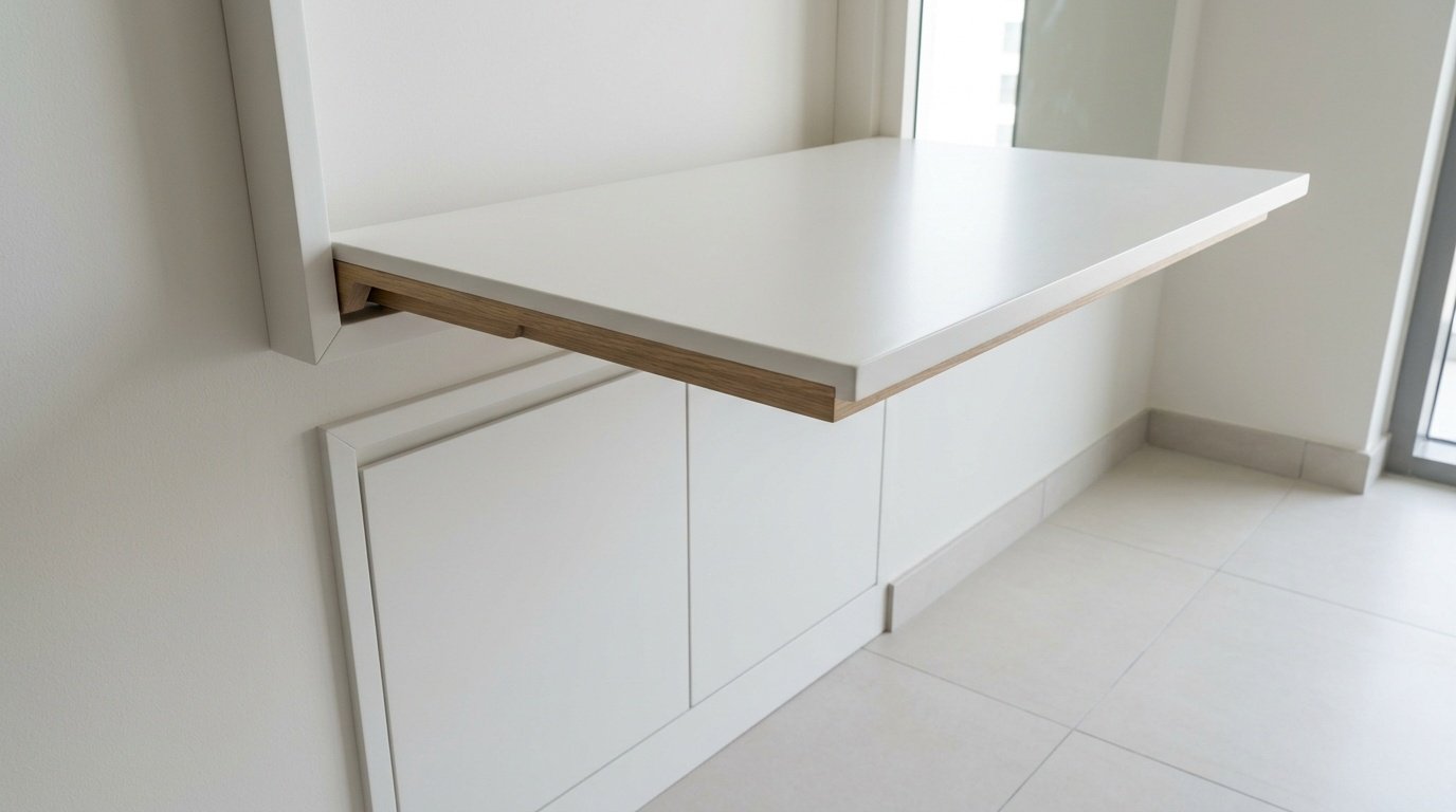 Compact Dubai apartment fold-down wall-mounted dining shelf with hidden bracket joinery and integrated storage cabinet