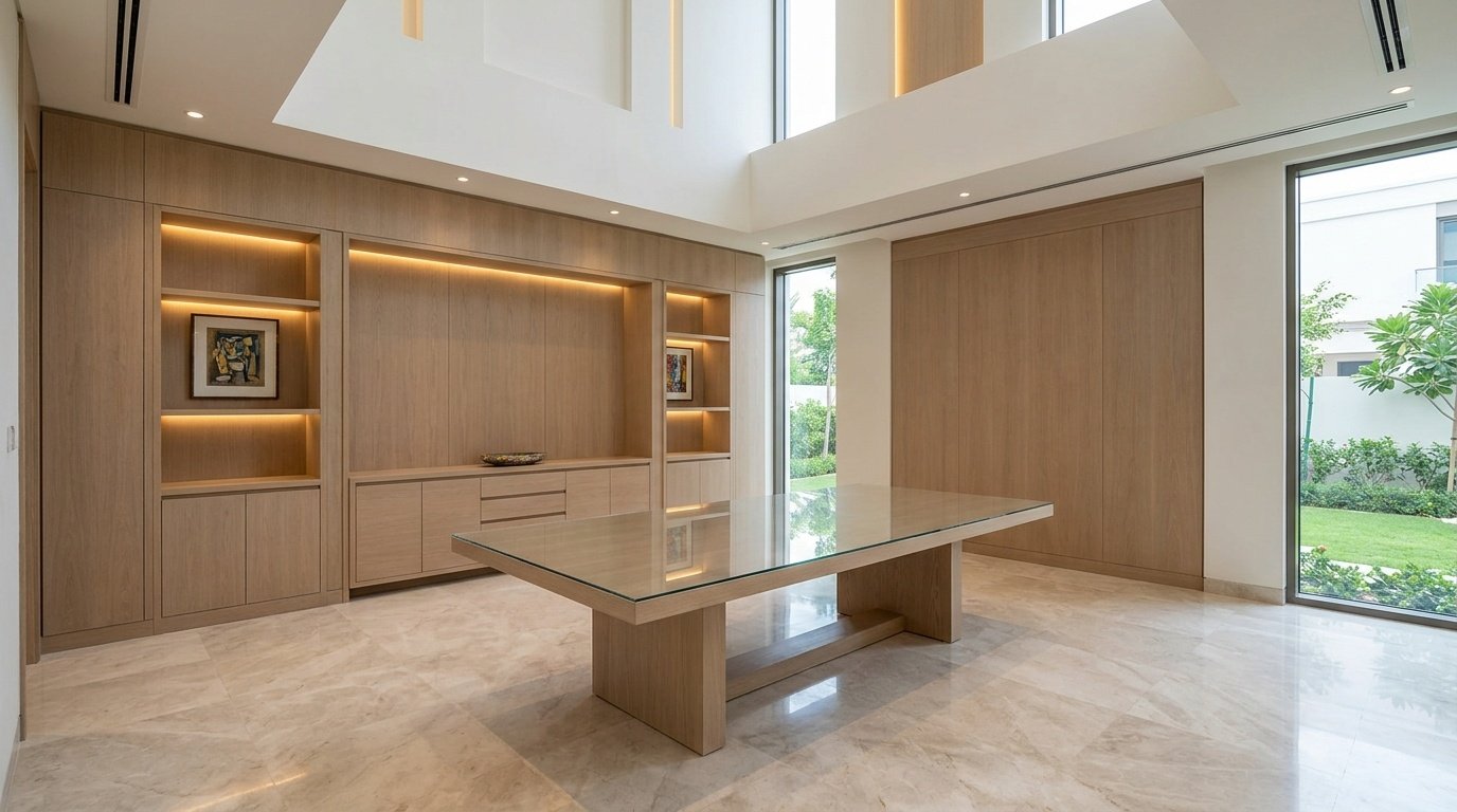 Complete custom dining room joinery portfolio project with matching built-in buffet, display niches and table base in Jumeirah Dubai villa