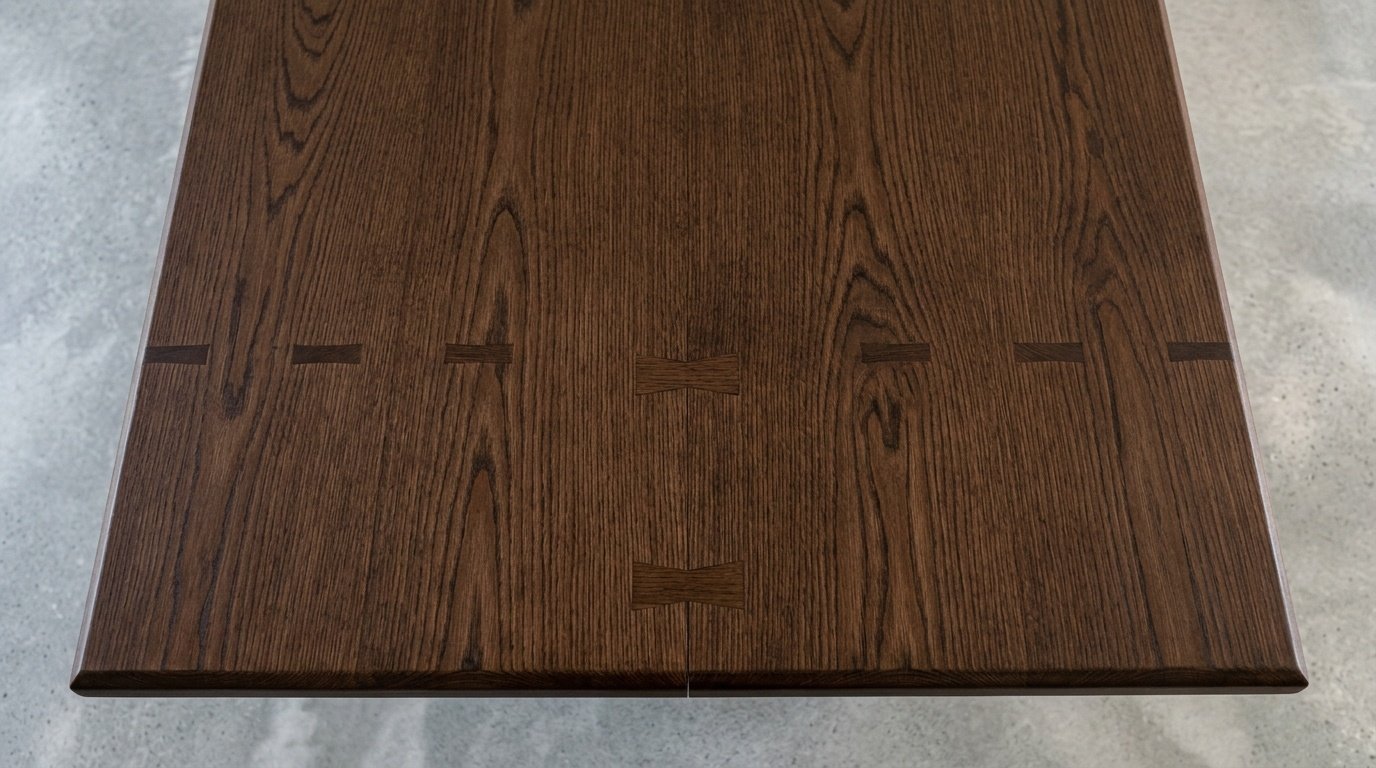 Custom engineered solid wood dining table with dovetail butterfly joints for UAE humidity resistance, espresso stained oak finish