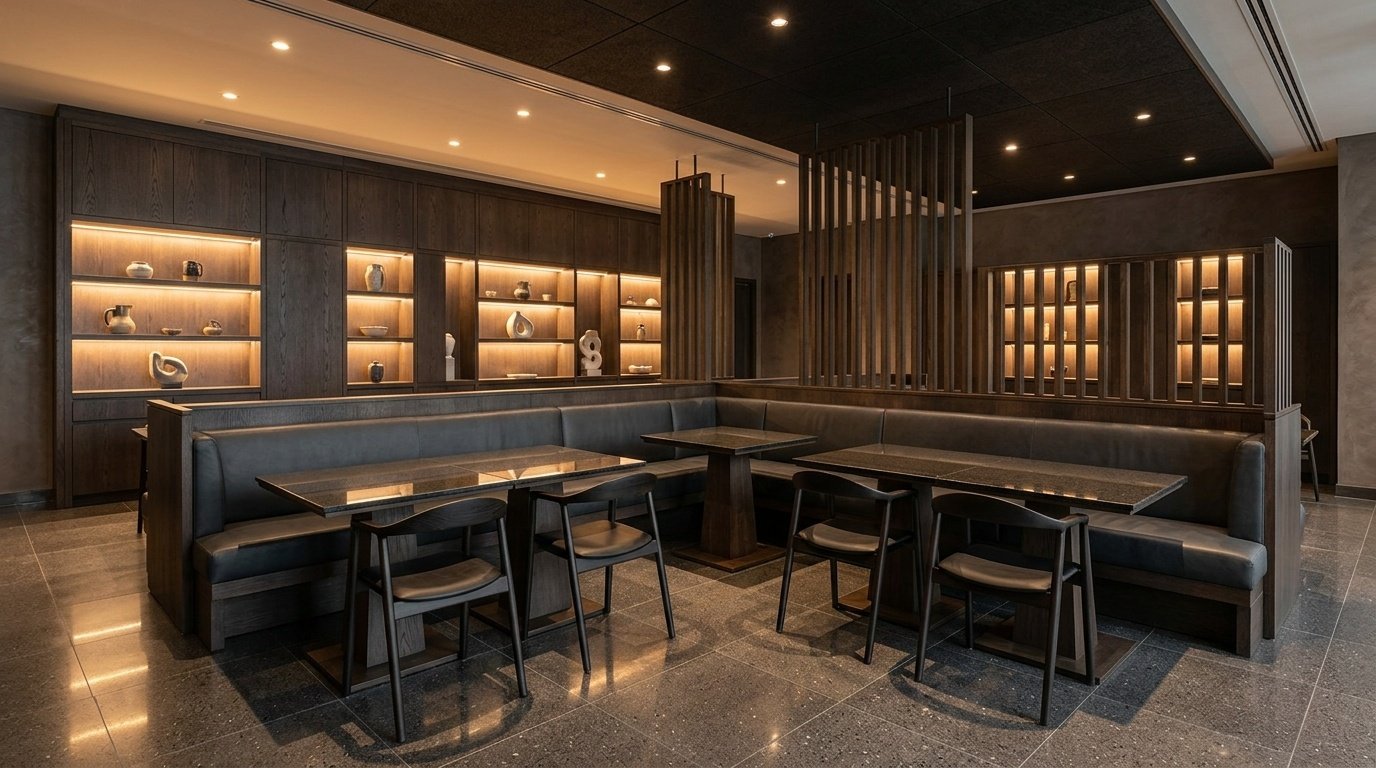 Completed 65-cover DIFC fine dining restaurant with custom banquette seating, timber divider screens and display joinery carpentry