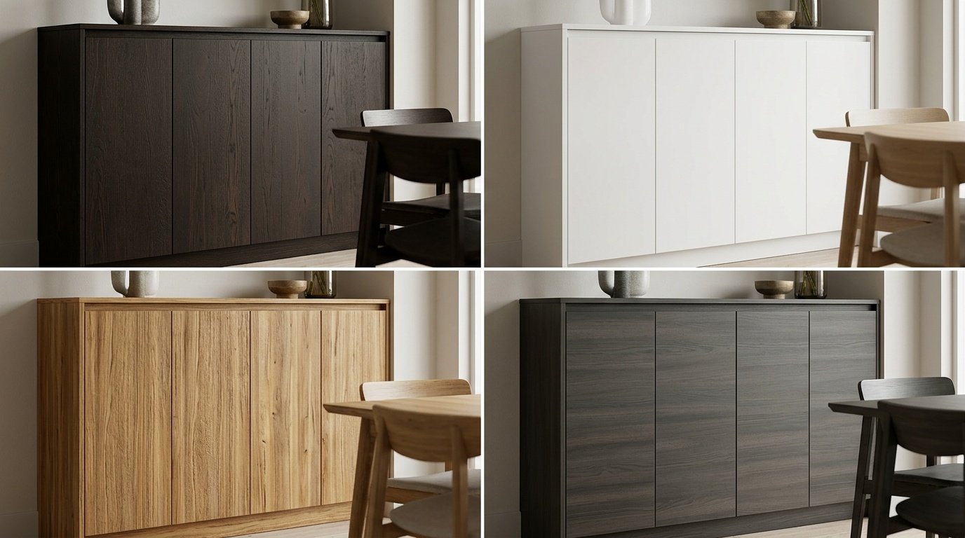 Portfolio of four dining room joinery finishes — espresso oak, matte white lacquer, natural teak and smoked grey veneer — completed UAE projects