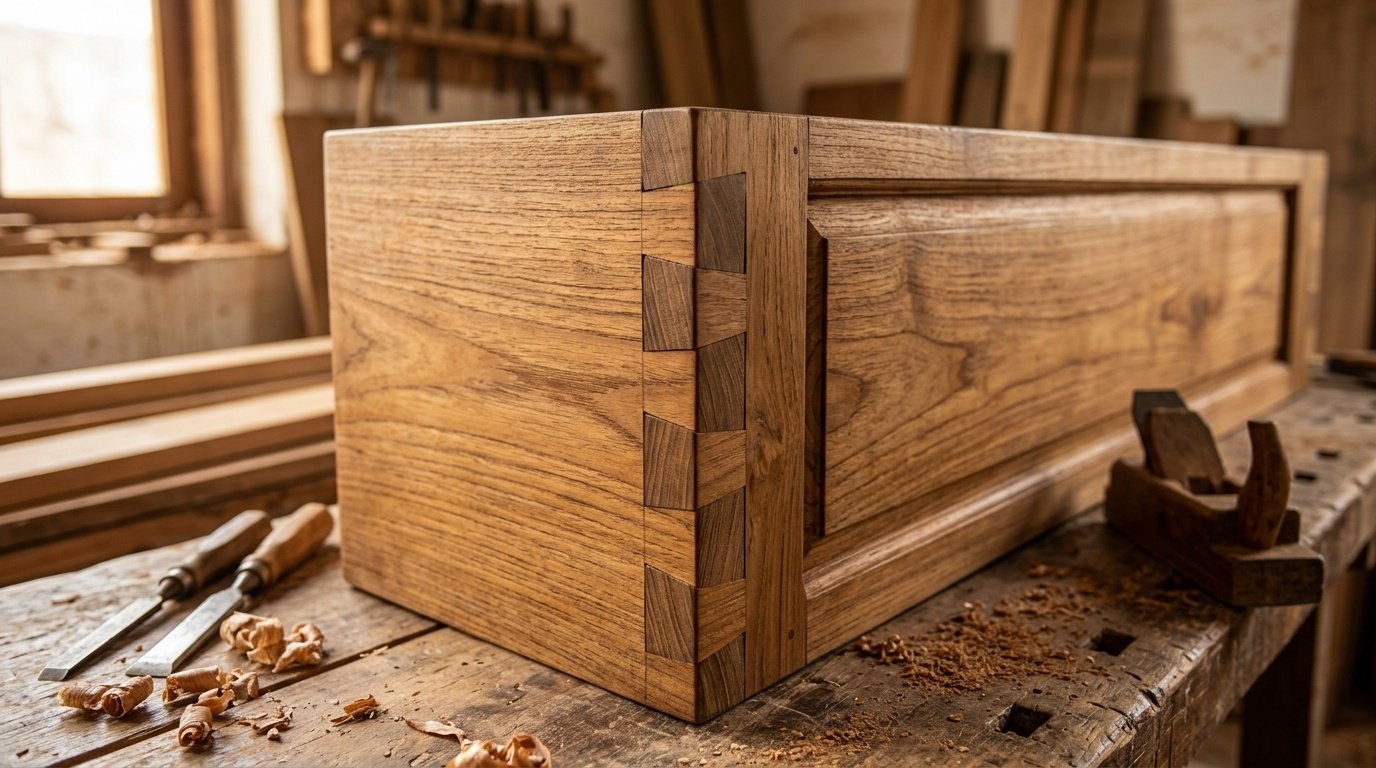 Hand-cut dovetail corner joints on solid teak dining sideboard carcass showcasing decades of UAE carpentry expertise
