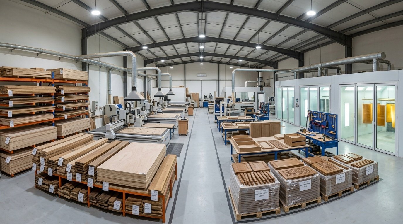 Full in-house UAE carpentry workshop showing raw timber storage, CNC fabrication, spray booths and assembly for dining joinery production