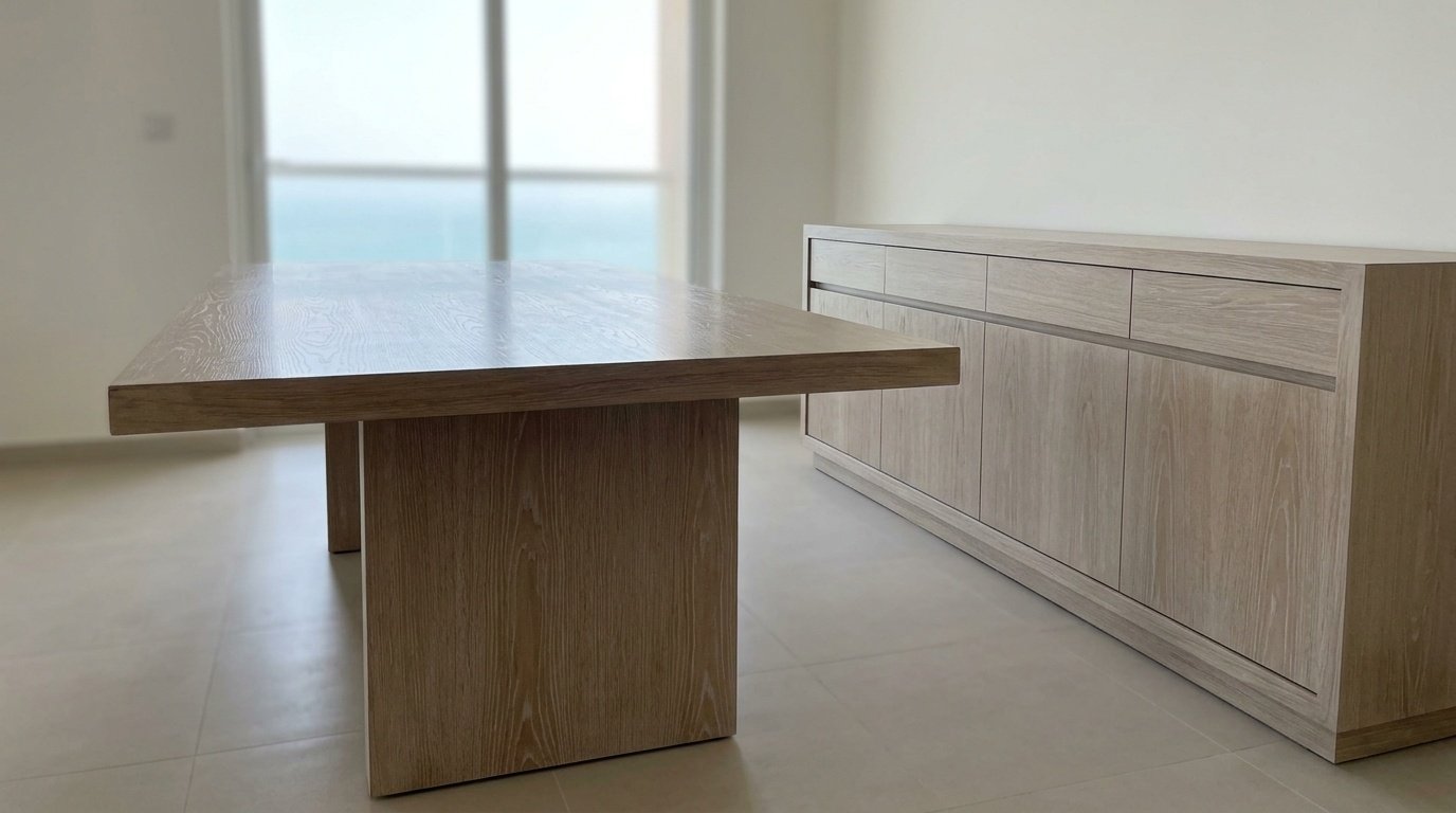 JBR coastal dining room with marine-grade driftwood oak veneer dining table base and salt-air resistant buffet joinery installation