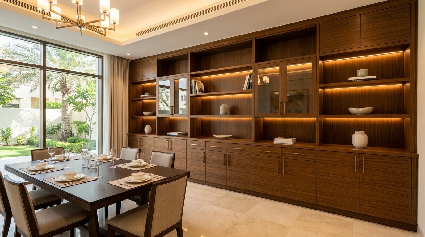 Karnak dining room joinery wall in UAE villa showing pristine long-term maintained condition with no warping, lasting quality