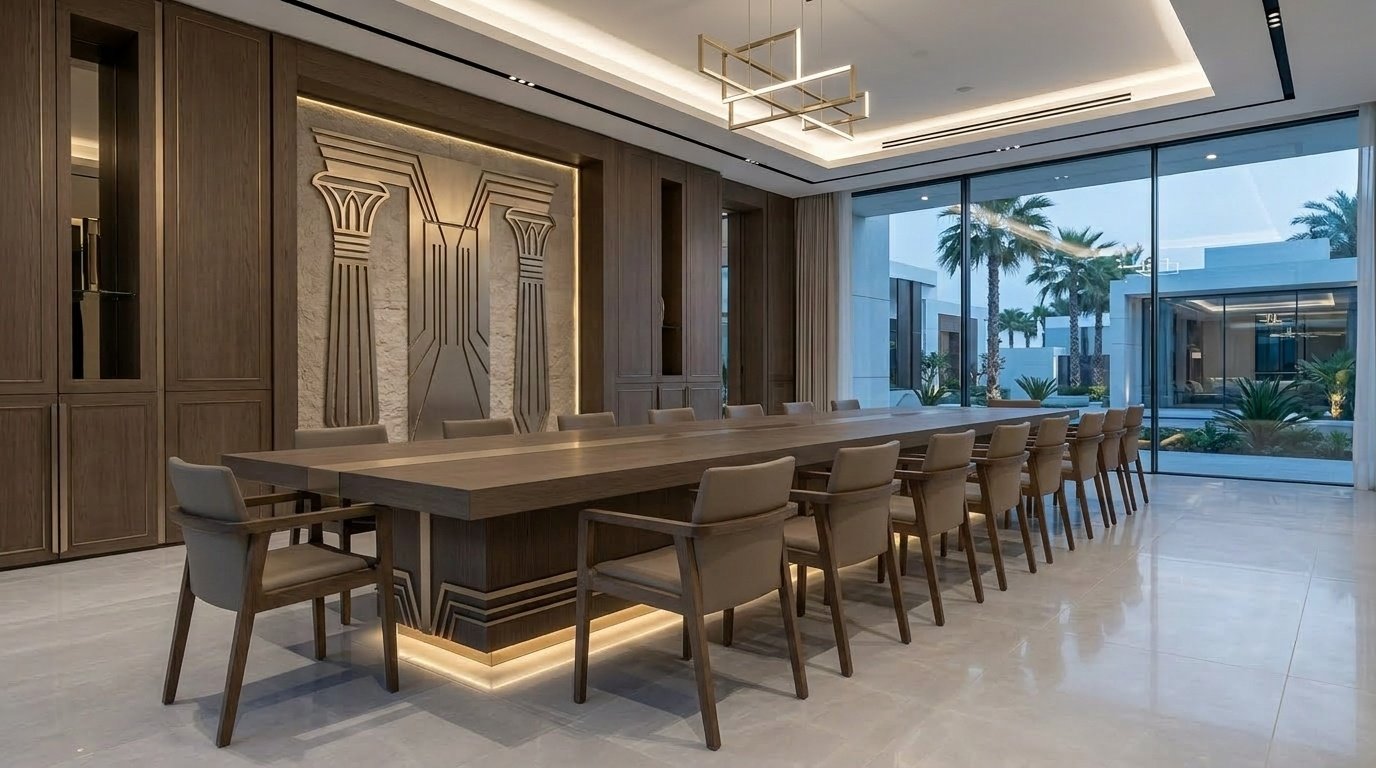 Modern UAE villa dining room with smoked oak built-in dining table plinth, champagne metal accents and recessed LED joinery