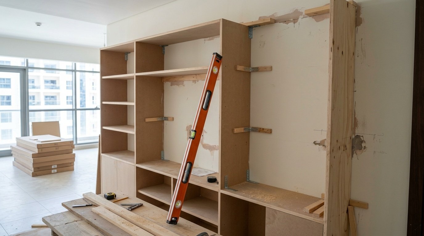On-site dining room built-in storage wall unit installation mid-process with fixed carcasses and level checks in Dubai apartment