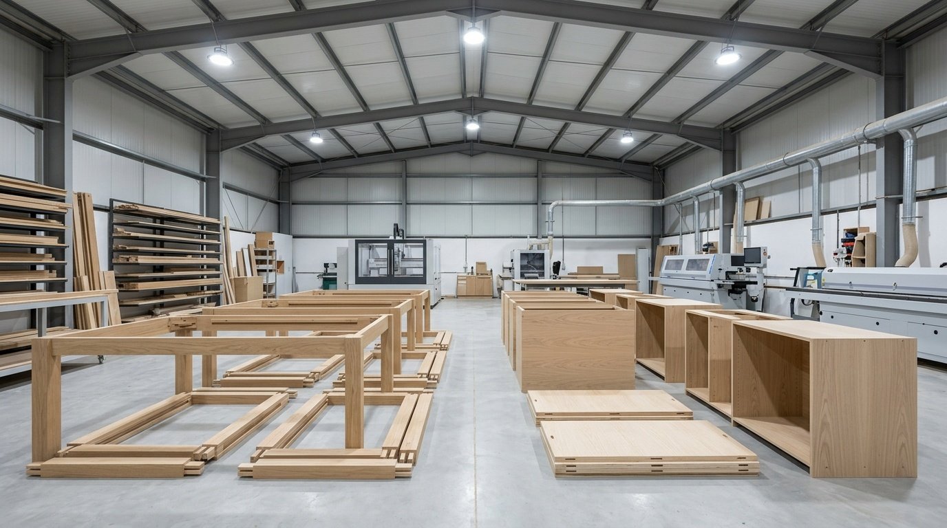 Precision CNC-fabricated dining table apron components and cabinet carcasses ready in Karnak UAE carpentry workshop