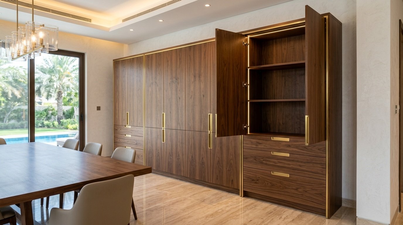 Premium bookmatched walnut veneer dining room cabinet with solid brass hardware and soft-close hinges in Dubai luxury villa