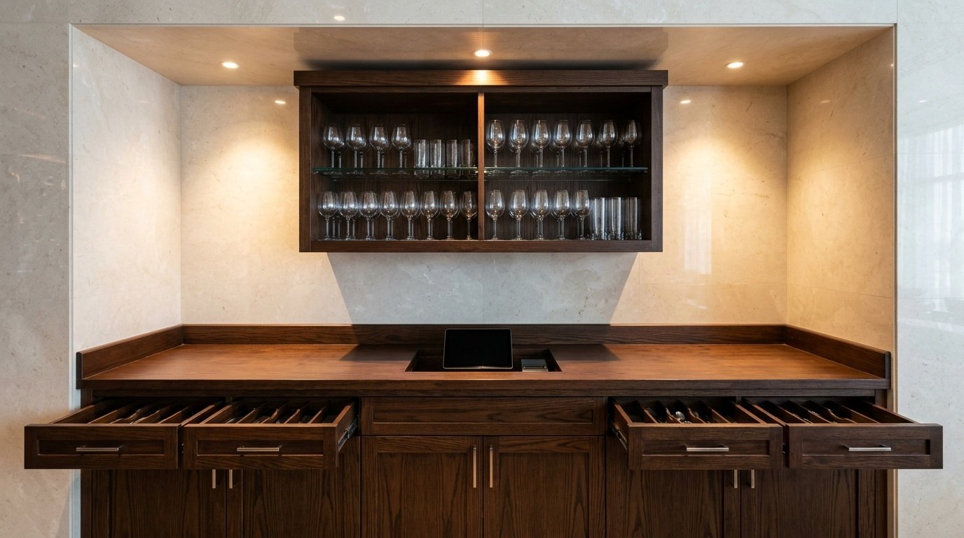 Custom restaurant server station with built-in cutlery drawers, glass rack cabinet and POS terminal recess carpentry in UAE