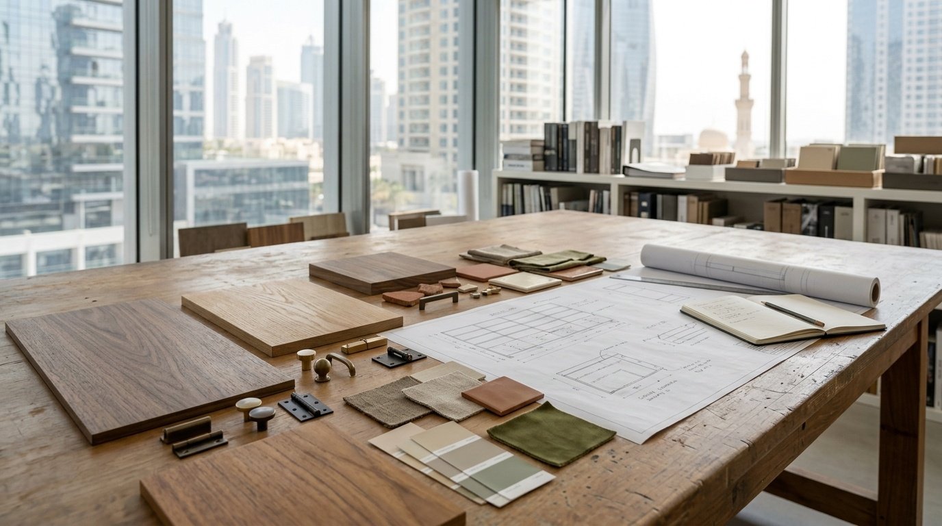 UAE interior design studio material mood board with wood veneer samples and hardware swatches for custom dining joinery project planning
