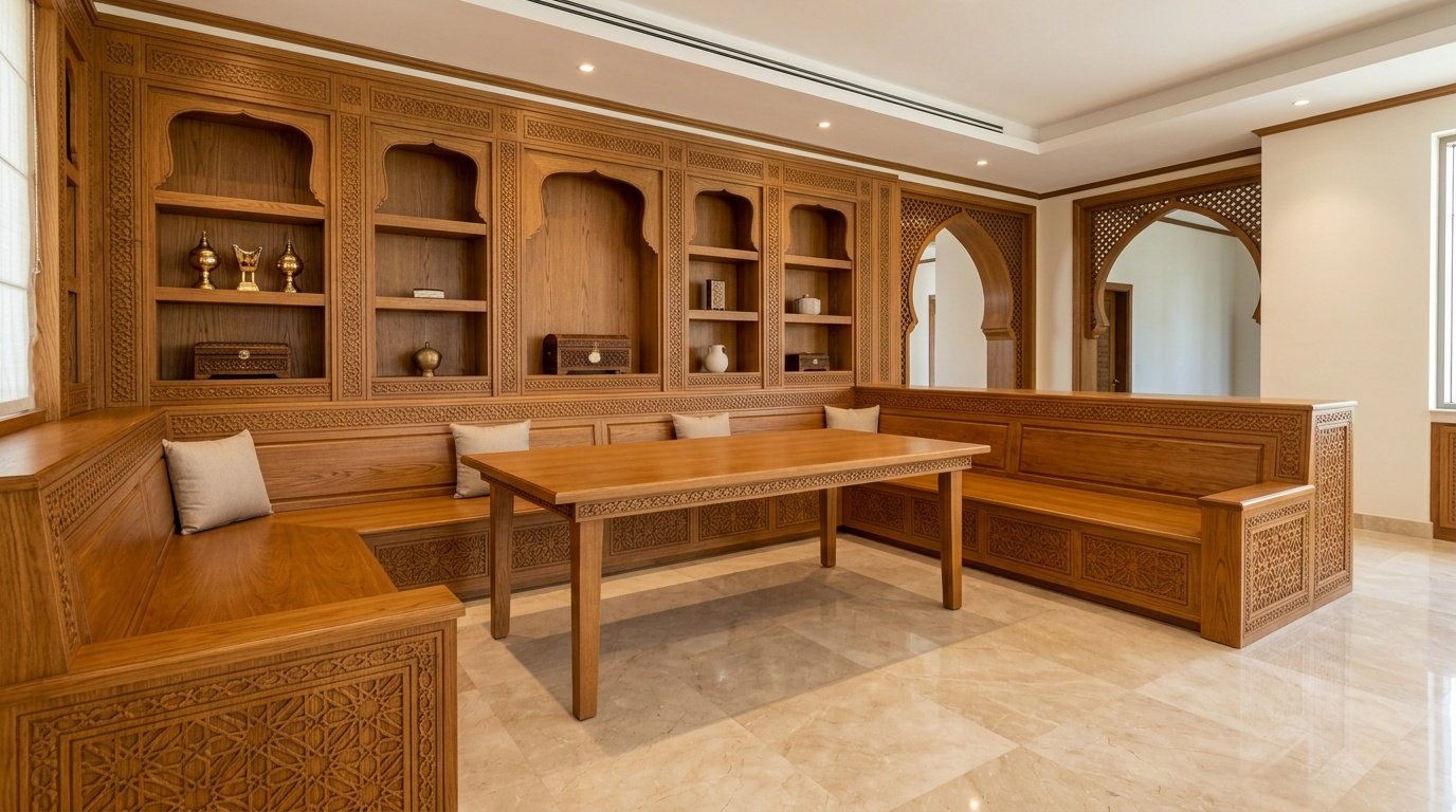 UAE majlis-adjacent dining room with custom carved timber wall niches and honey oak built-in banquette base carpentry