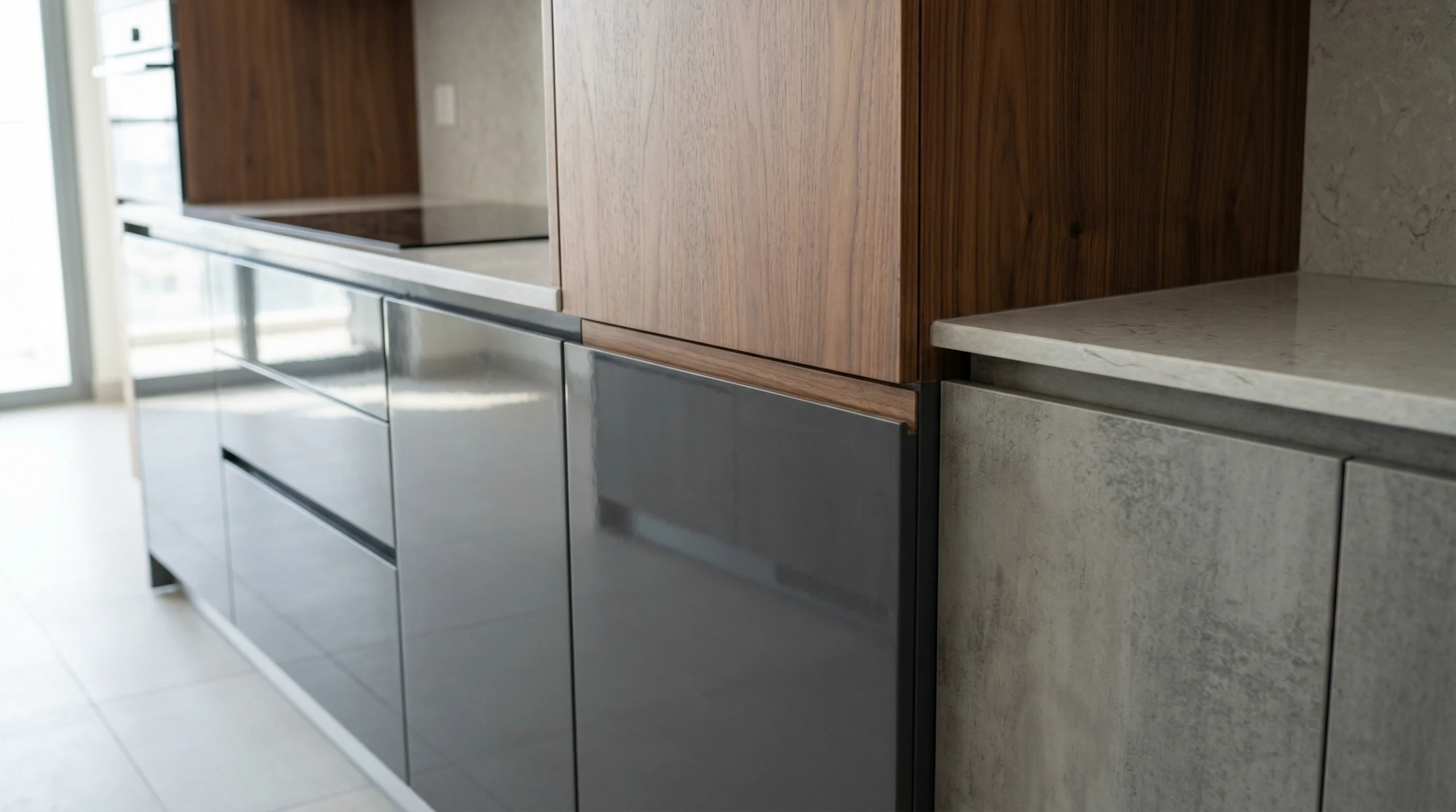 kitchen cabinet materials laminate veneer lacquer Dubai carpentry UAE