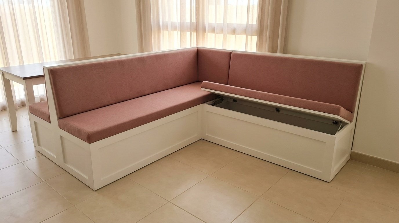 Custom L-shape corner dining bench with hidden storage in dusty rose upholstery in Sharjah family villa