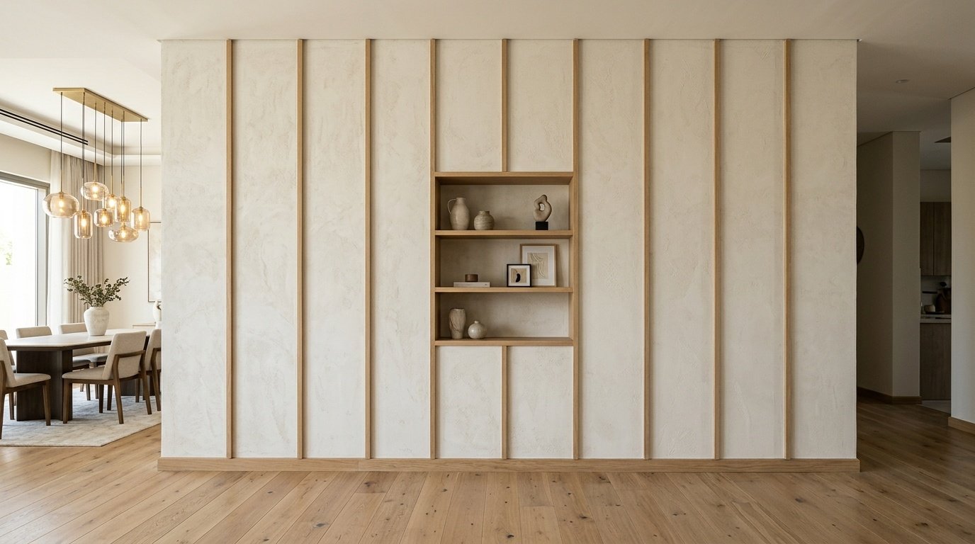 Linen plaster-effect dining feature wall with oak battens and integrated shelf niche in Jumeirah Golf Estates Dubai
