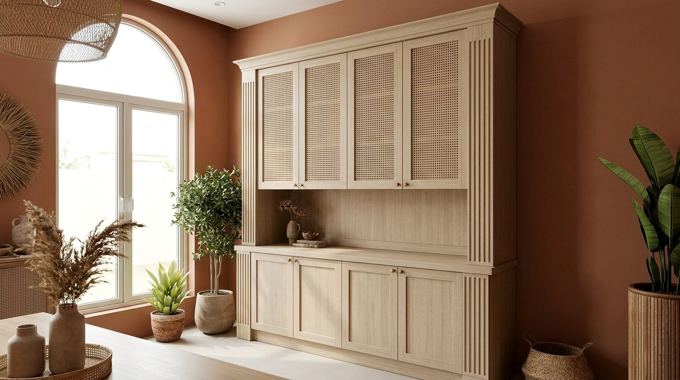 Natural linen lacquer dining hutch with rattan insert doors and fluted pilasters in Khalifa City Abu Dhabi