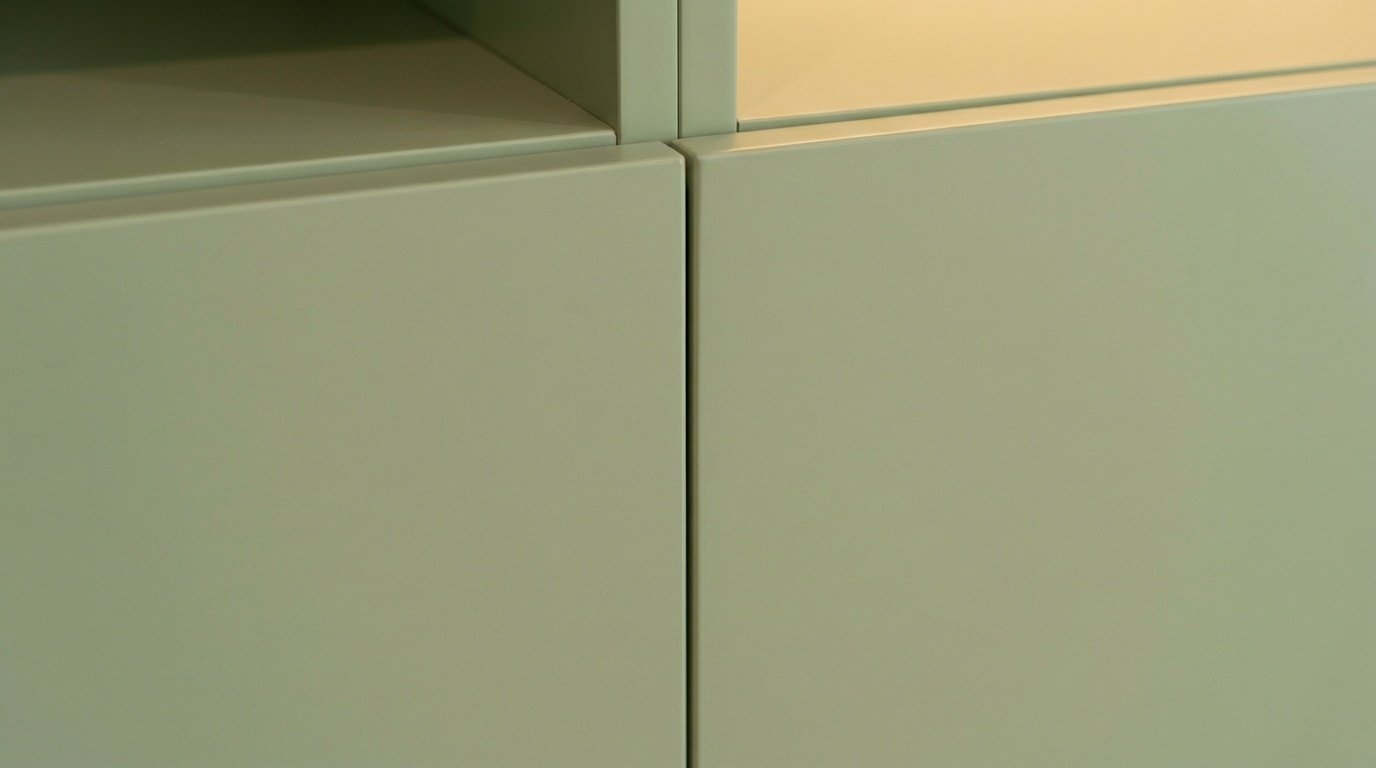 Precision-aligned 2mm hairline gap between sage green living room cabinet doors demonstrating Karnak Carpentry after-installation support quality in UAE villa
