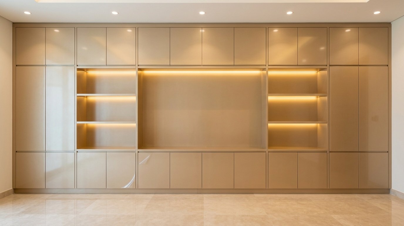 Showroom-perfect living room entertainment wall in champagne lacquer with LED cove lighting on final installation day in a UAE villa by Karnak Carpentry