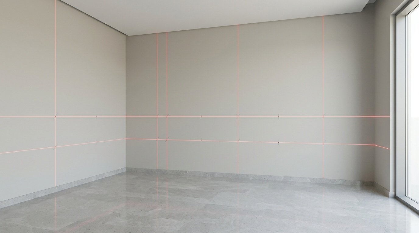 Empty UAE villa living room with laser level grid lines projected on walls during Karnak Carpentry's initial site survey and measurement process