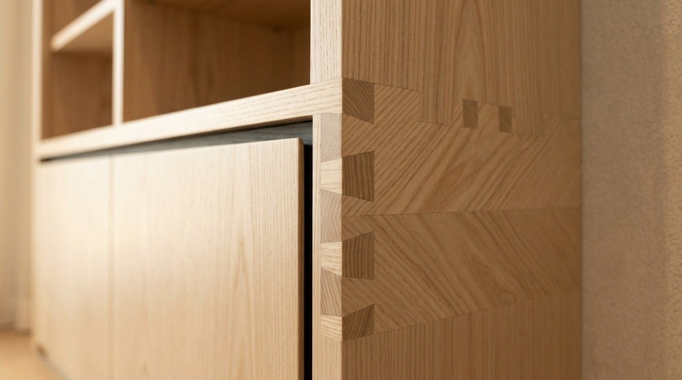 Precision dovetail corner joint and shadow-gap channel detail on a UAE living room shelving unit showcasing Karnak Carpentry build qualit