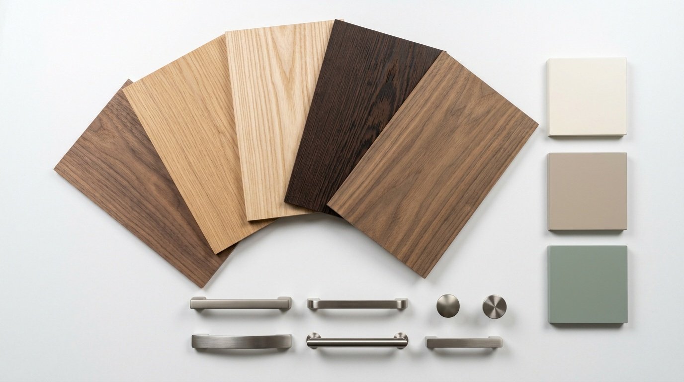 Curated living room material selection spread with five timber veneers, lacquer finishes, and hardware samples in a UAE workshop by Karnak Carpentry