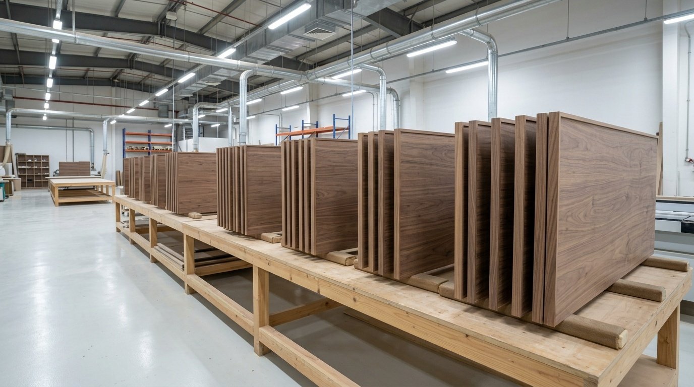 Walnut veneer MDF panels with solid wood edge banding prepared in sequence in a UAE carpentry workshop for a living room project by Karnak Carpentry