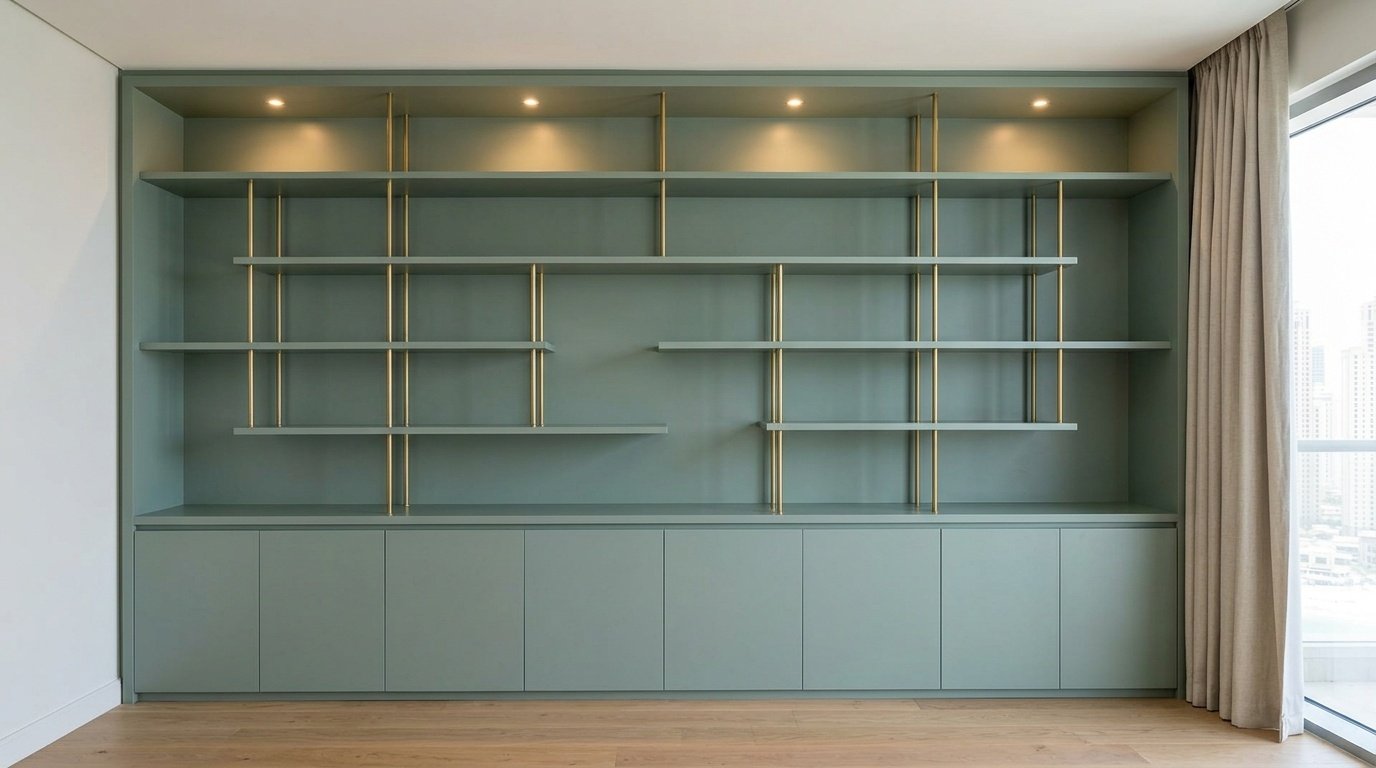 Custom built-in living room shelving wall in sage green lacquer with brass rod supports in JBR Dubai apartment
