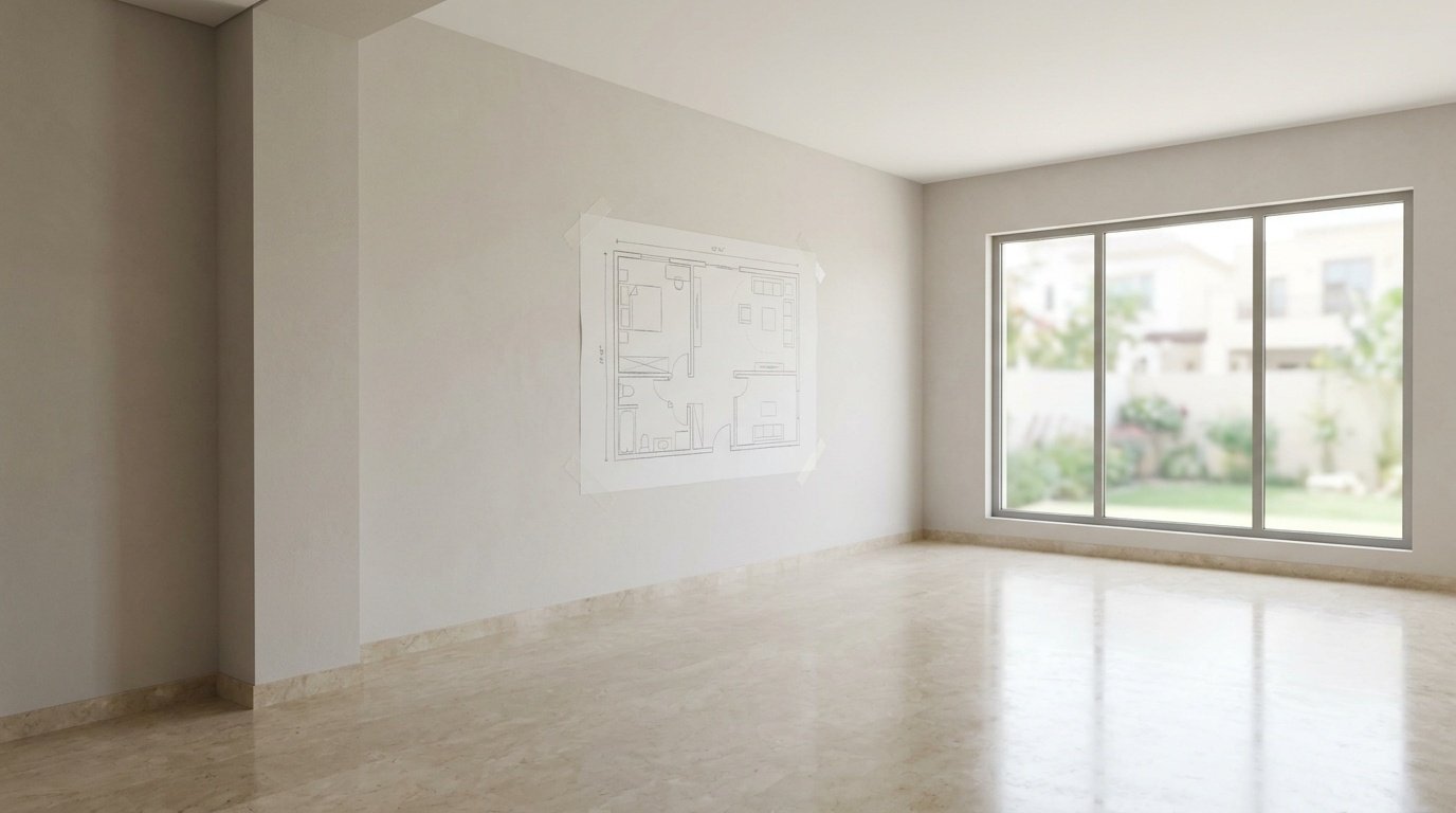 Empty UAE villa living room during initial space assessment showing bare walls and natural light for Karnak Carpentry consultation