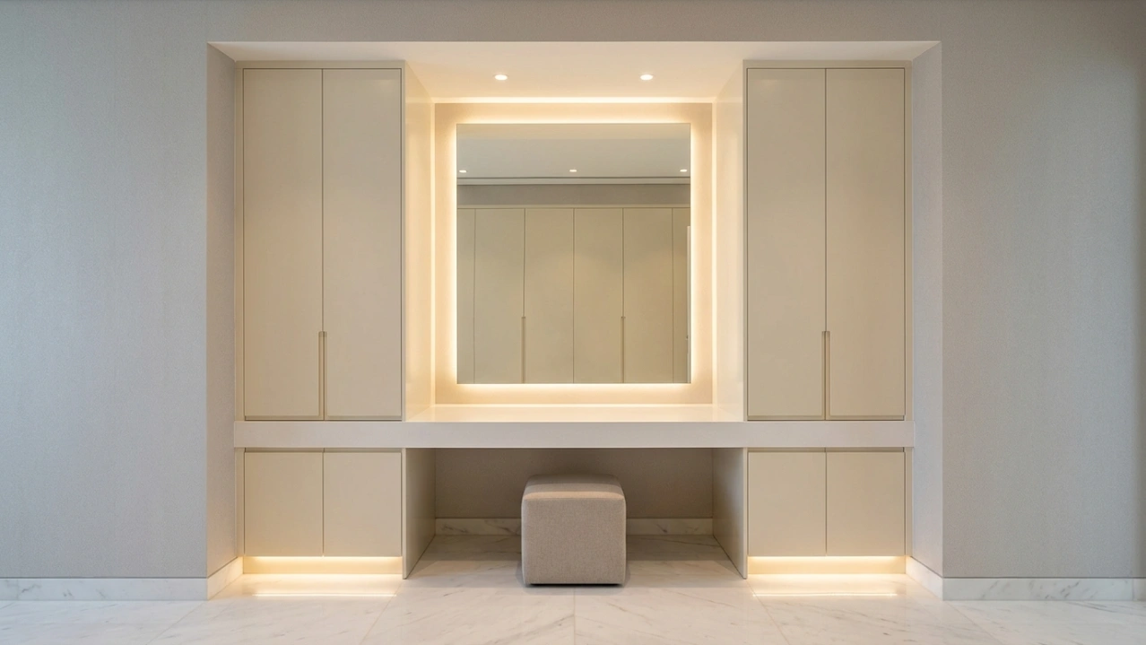 Luxury built-in bathroom dressing alcove with quartz surface, backlit recessed mirror, and bone white storage towers in a Palm Jumeirah villa by Karnak Carpentry