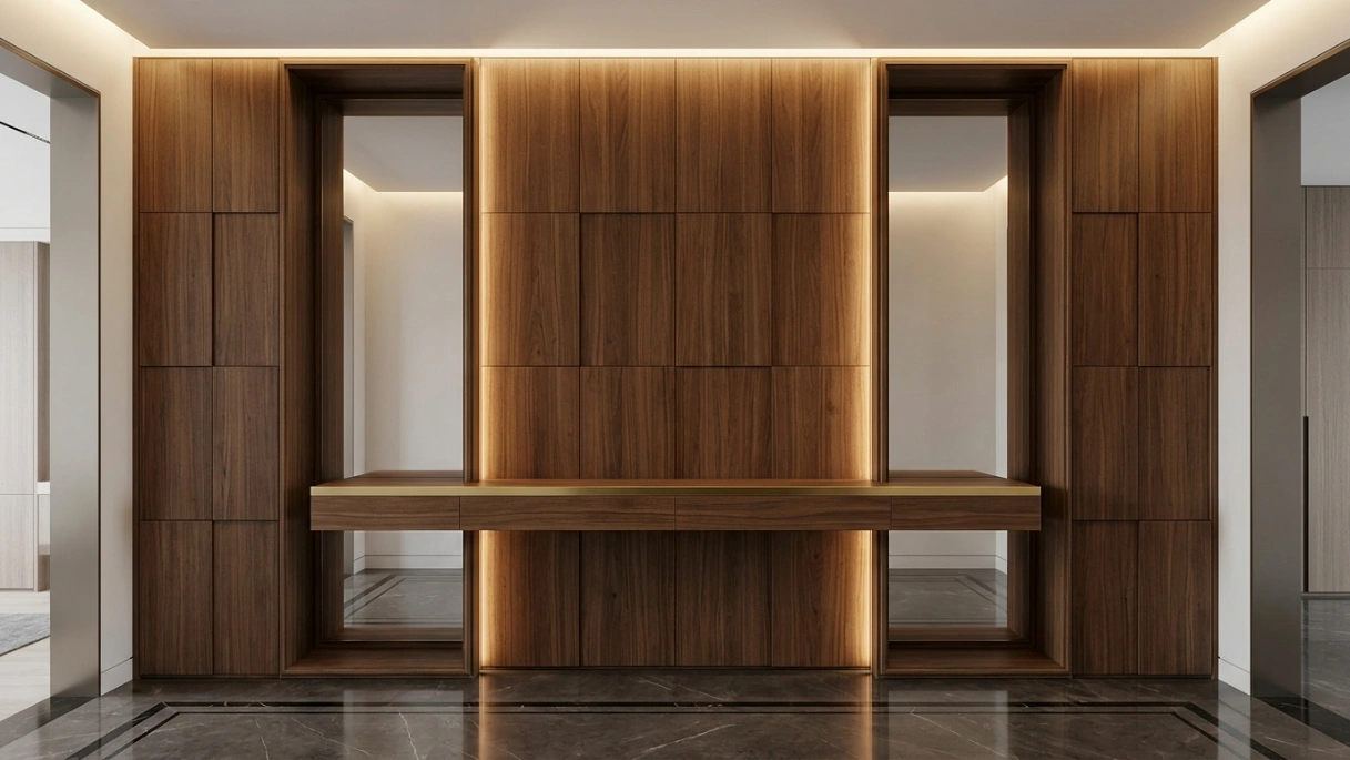 Dramatic floor-to-ceiling walnut veneer entrance hall feature wall with brass console shelf and LED cove lighting in a Dubai villa by Karnak Carpentry