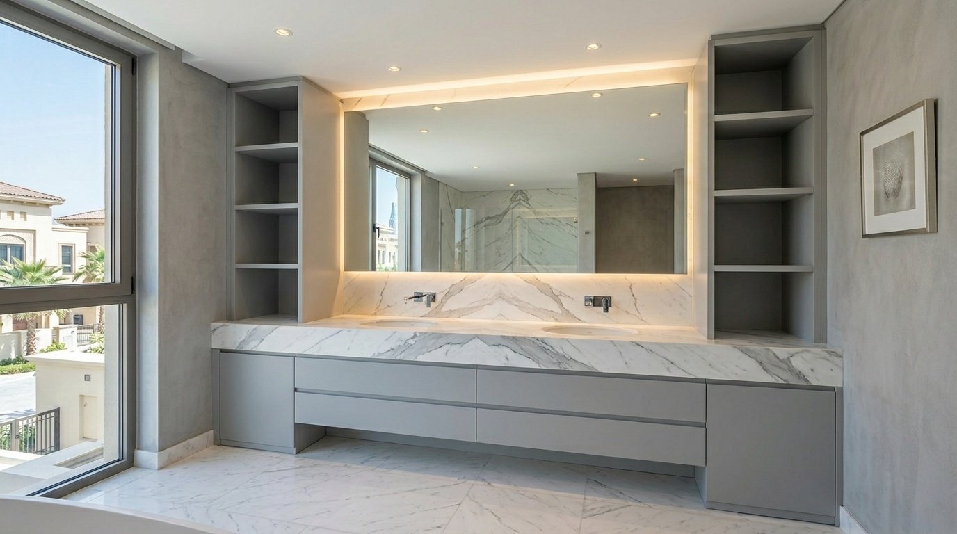 Custom fitted double vanity in concrete grey with Statuario marble top and flanking shelf towers in Hartland Greens Dubai villa