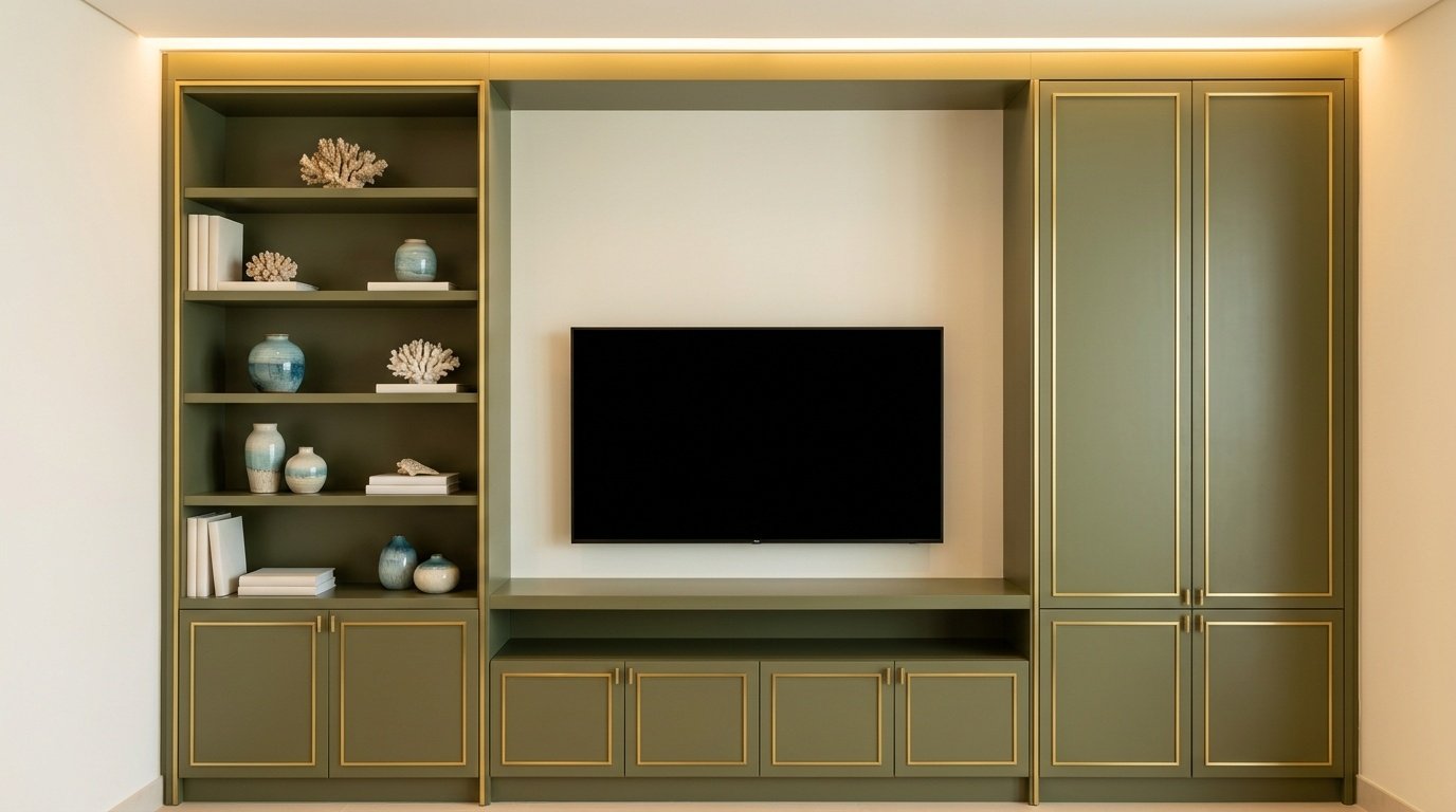 Custom built-in two-bay media and storage wall in olive green with brass frame detail in Emaar Beachfront Dubai apartment