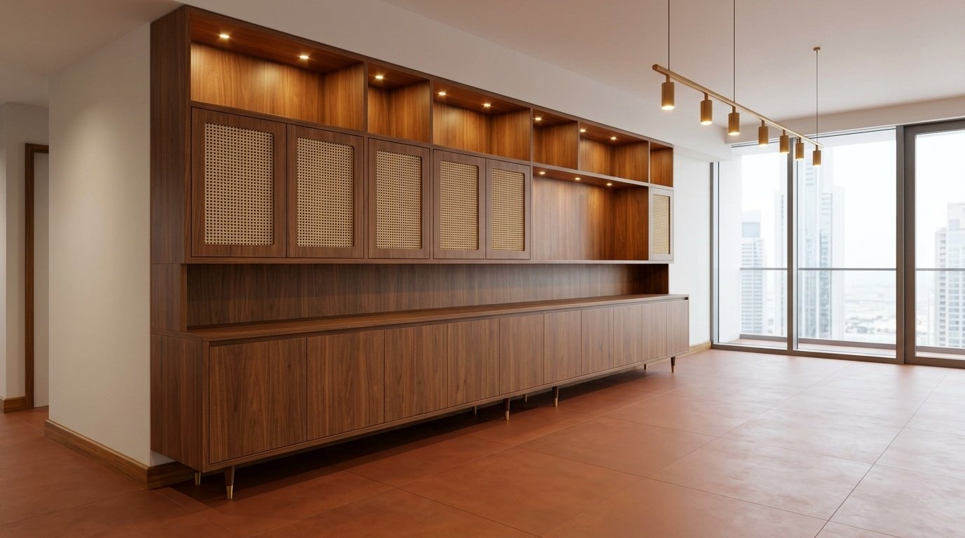 Mid-century modern walnut credenza with cane panel doors and display wall in a Downtown Dubai apartment living room by Karnak Carpentry