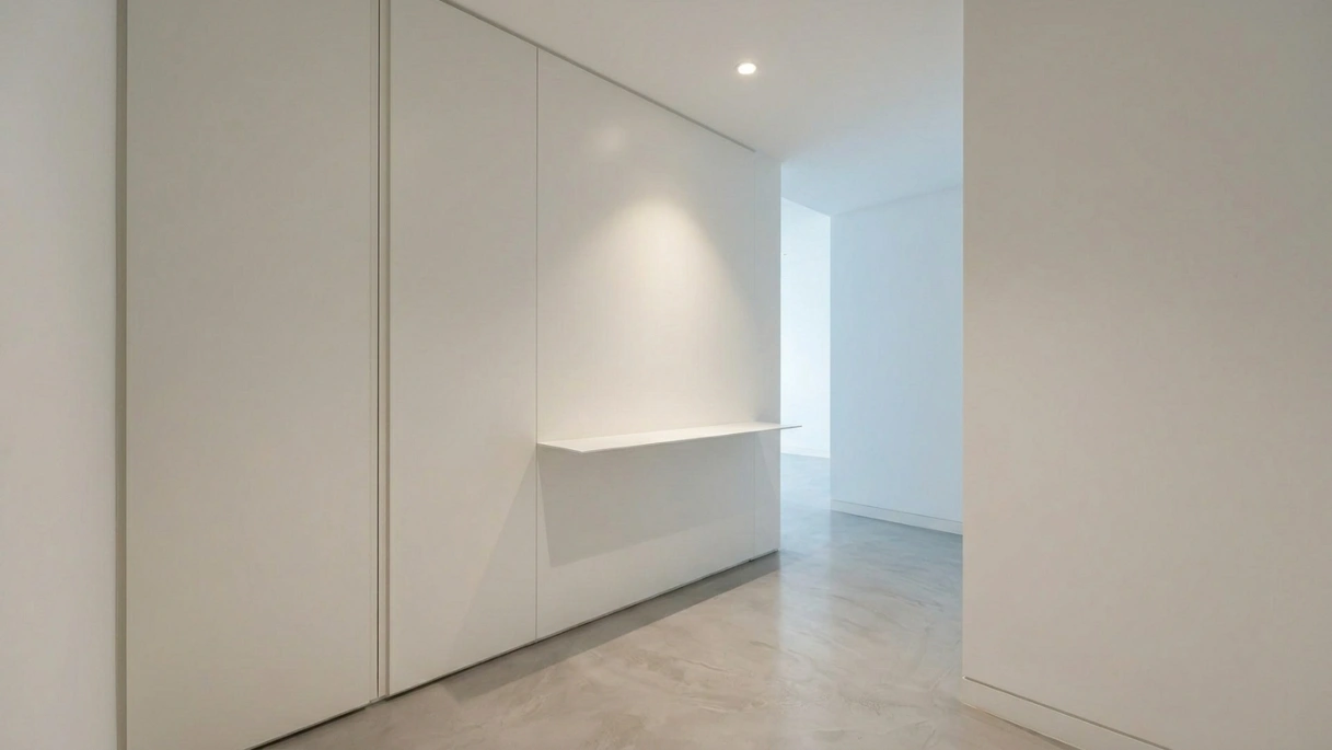 Ultra-minimalist entrance hall in pure white lacquer with invisible push-to-open doors and razor-thin floating shelf in a DIFC Dubai apartment by Karnak Carpentry
